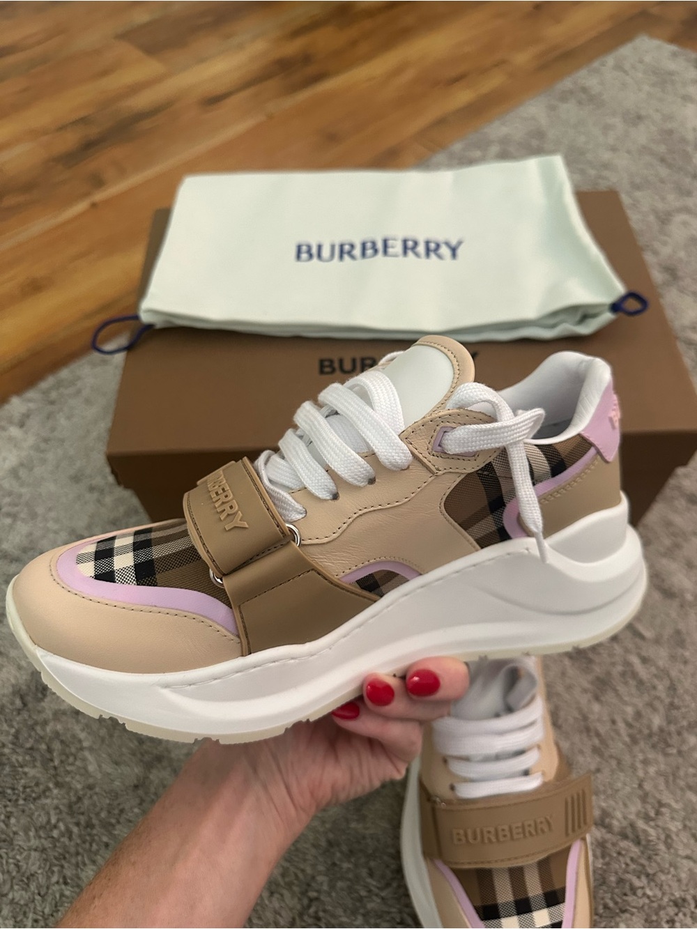 Burberry Beige, Pink & Classic Check Leather Platform Sneakers - Picture 3 of 5